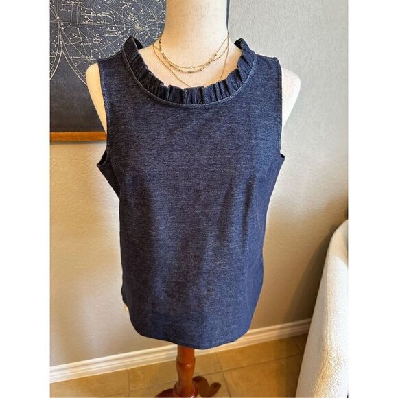 Banana Republic Tops - Banana Republic Twill Ruffle-Neck Chambray Blue Navy Sleeveless Tank Top Women M